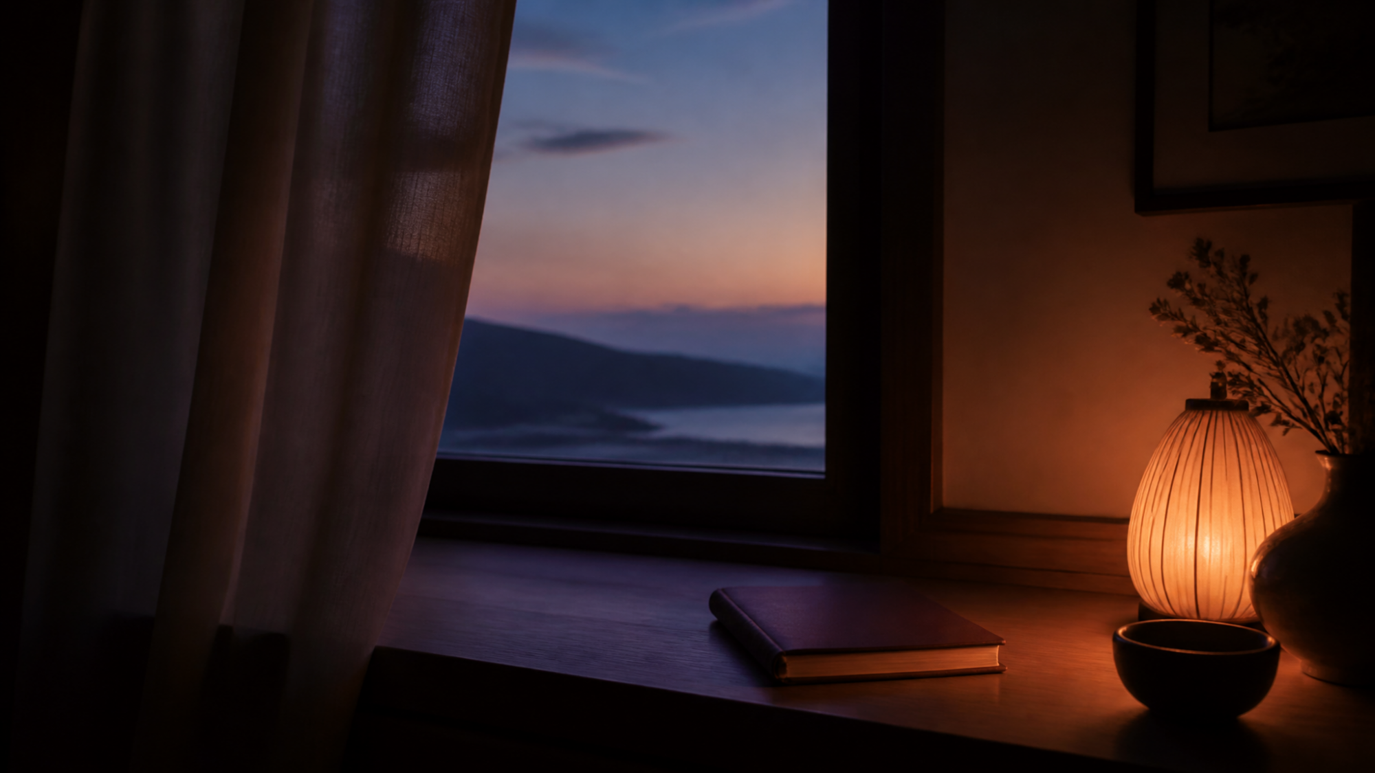 Pokojný večerný priestor pri okne ako symbol odstupu od dňa